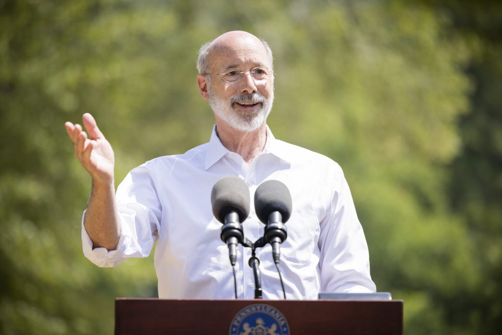 Pennsylvania Governor Tom Wolf speaking with the press. Governor Tom Wolf visited Pine Grove Furnace State Park in Cumberland County Friday, July 31, 2021 to highlight the importance of outdoor spaces to our well-being during the pandemic and announce a plan for Pennsylvania’s state parks of tomorrow (Commonwealth Media Services photo).