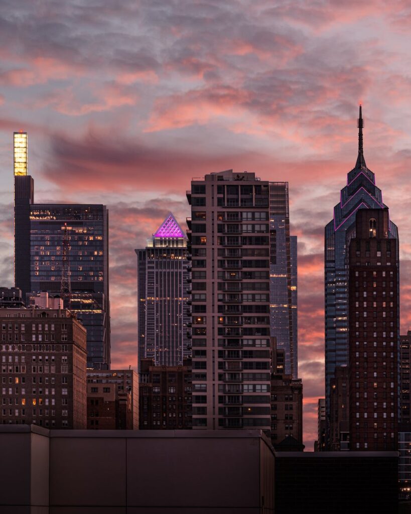 philadelphia skyscrapers during sunset